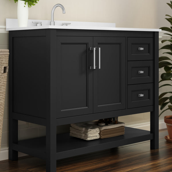 Black Frame/Nickel Hardware,42" |#| 42 Inch Bathroom Vanity with Sink, Open Storage, and Storage Drawers in Black