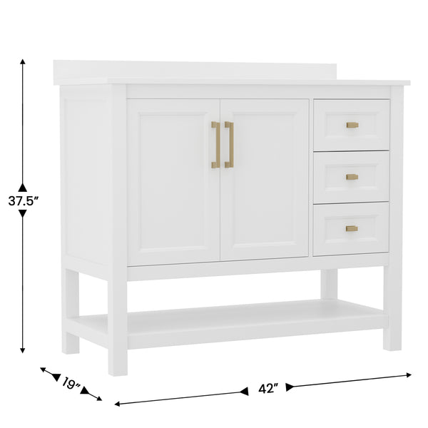 White Frame/Gold Hardware,42" |#| 42 Inch Bathroom Vanity with Sink, Open Storage, and Storage Drawers in Wht/Gold