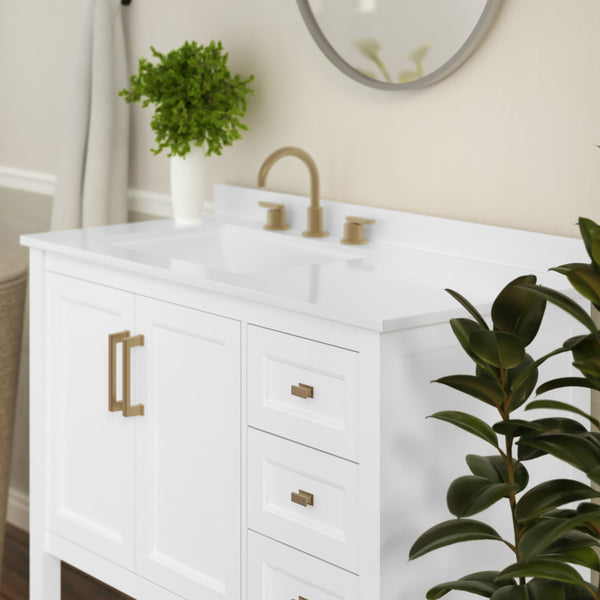 White Frame/Gold Hardware,42" |#| 42 Inch Bathroom Vanity with Sink, Open Storage, and Storage Drawers in Wht/Gold
