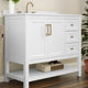 White Frame/Gold Hardware,42" |#| 42 Inch Bathroom Vanity with Sink, Open Storage, and Storage Drawers in Wht/Gold