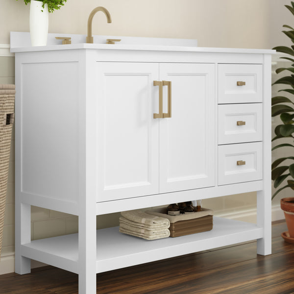 White Frame/Gold Hardware,42" |#| 42 Inch Bathroom Vanity with Sink, Open Storage, and Storage Drawers in Wht/Gold