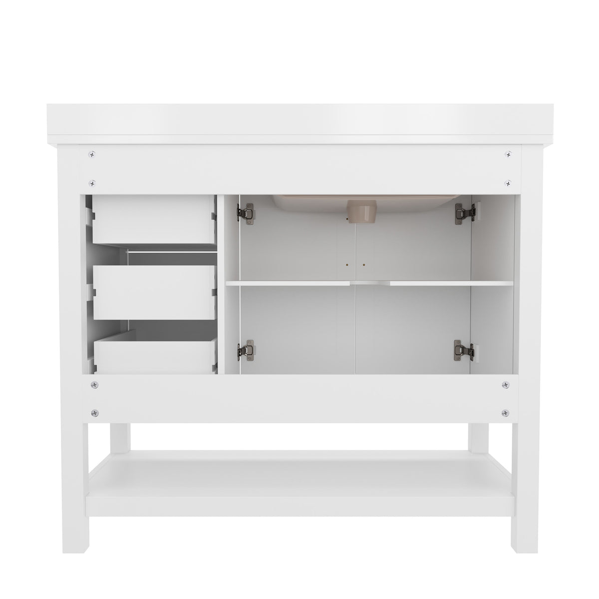 White Frame/Gold Hardware,42" |#| 42 Inch Bathroom Vanity with Sink, Open Storage, and Storage Drawers in Wht/Gold