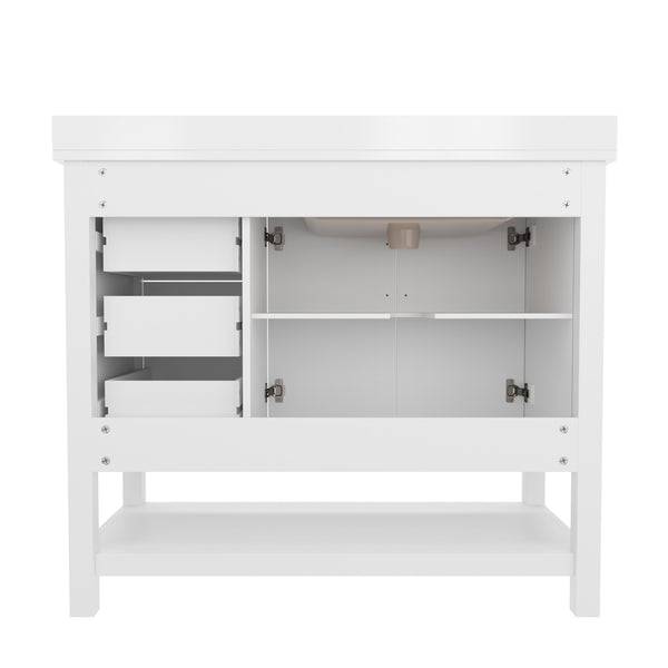 White Frame/Gold Hardware,42" |#| 42 Inch Bathroom Vanity with Sink, Open Storage, and Storage Drawers in Wht/Gold