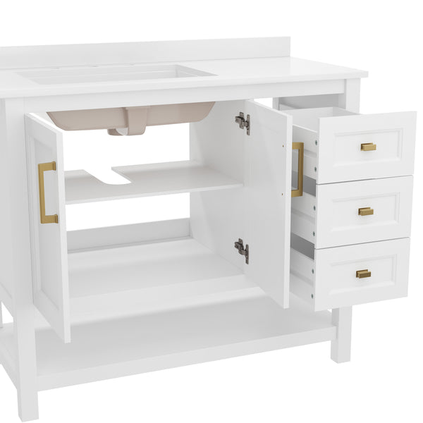 White Frame/Gold Hardware,42" |#| 42 Inch Bathroom Vanity with Sink, Open Storage, and Storage Drawers in Wht/Gold