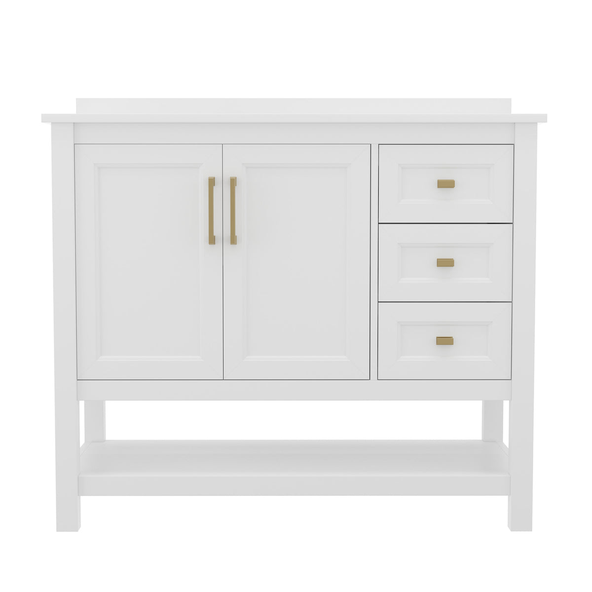 White Frame/Gold Hardware,42" |#| 42 Inch Bathroom Vanity with Sink, Open Storage, and Storage Drawers in Wht/Gold