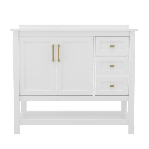 White Frame/Gold Hardware,42" |#| 42 Inch Bathroom Vanity with Sink, Open Storage, and Storage Drawers in Wht/Gold
