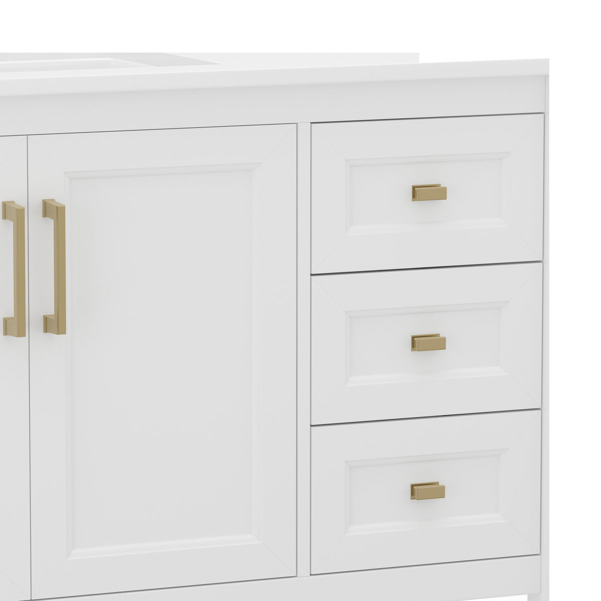 White Frame/Gold Hardware,42" |#| 42 Inch Bathroom Vanity with Sink, Open Storage, and Storage Drawers in Wht/Gold