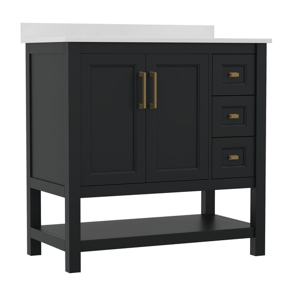 Black Frame/Gold Hardware,36" |#| 36 Inch Bathroom Vanity with Sink, Open Storage, and Storage Drawers in Blk/Gold
