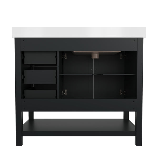 Black Frame/Nickel Hardware,42" |#| 42 Inch Bathroom Vanity with Sink, Open Storage, and Storage Drawers in Black