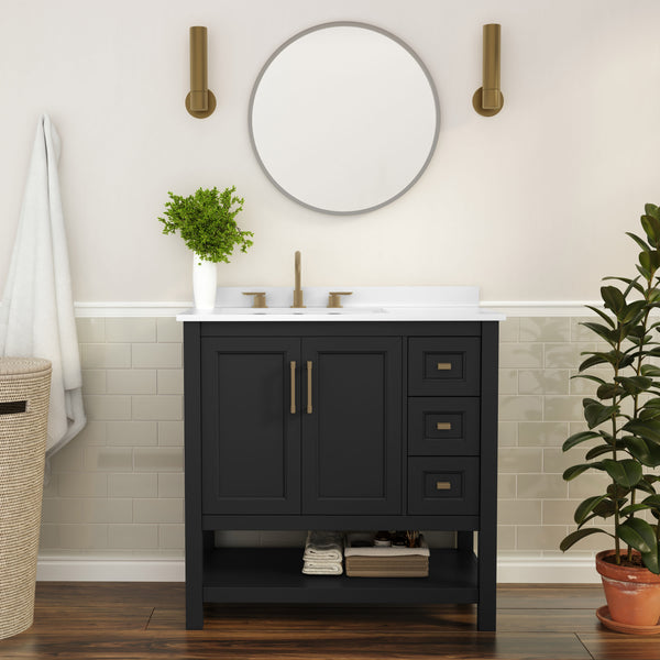 Black Frame/Gold Hardware,36" |#| 36 Inch Bathroom Vanity with Sink, Open Storage, and Storage Drawers in Blk/Gold