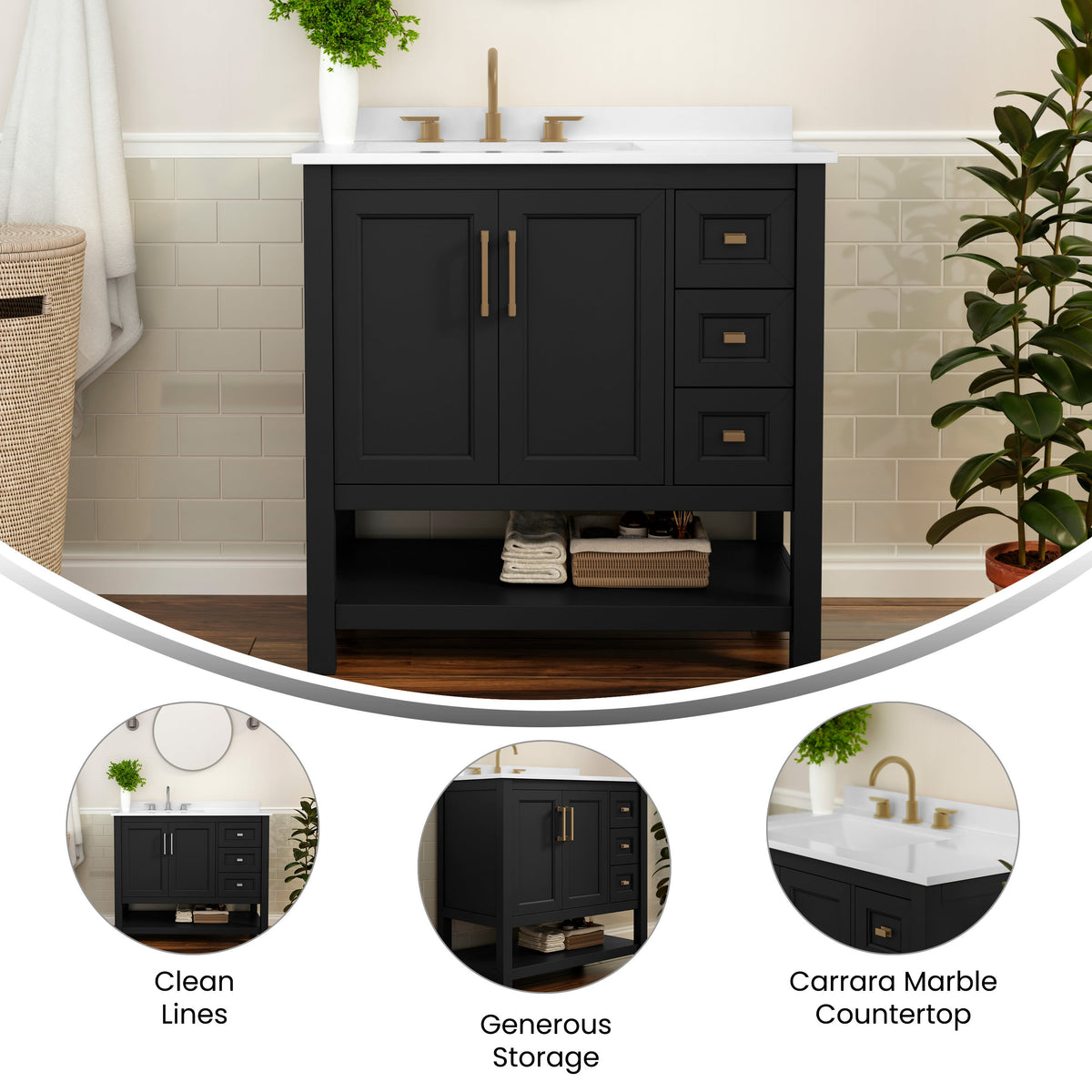 Black Frame/Gold Hardware,36" |#| 36 Inch Bathroom Vanity with Sink, Open Storage, and Storage Drawers in Blk/Gold
