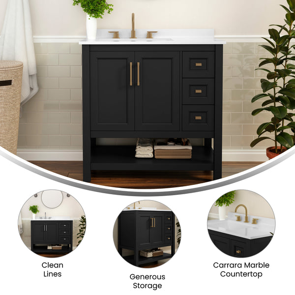 Black Frame/Gold Hardware,36" |#| 36 Inch Bathroom Vanity with Sink, Open Storage, and Storage Drawers in Blk/Gold