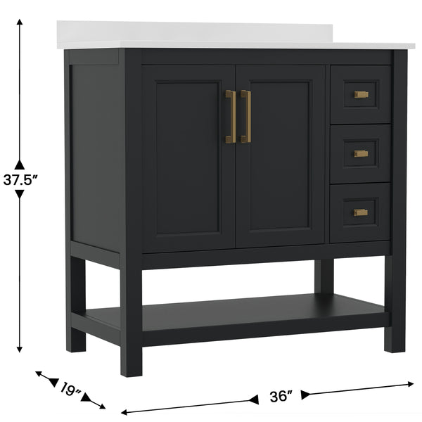 Black Frame/Gold Hardware,36" |#| 36 Inch Bathroom Vanity with Sink, Open Storage, and Storage Drawers in Blk/Gold