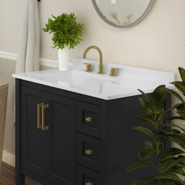 Black Frame/Gold Hardware,36" |#| 36 Inch Bathroom Vanity with Sink, Open Storage, and Storage Drawers in Blk/Gold