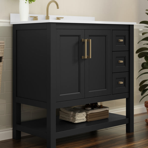 Black Frame/Gold Hardware,36" |#| 36 Inch Bathroom Vanity with Sink, Open Storage, and Storage Drawers in Blk/Gold