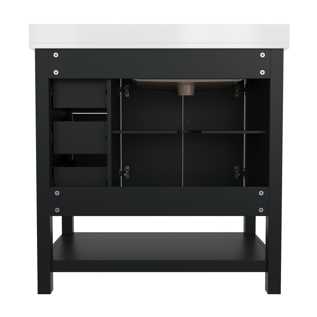 Black Frame/Gold Hardware,36" |#| 36 Inch Bathroom Vanity with Sink, Open Storage, and Storage Drawers in Blk/Gold