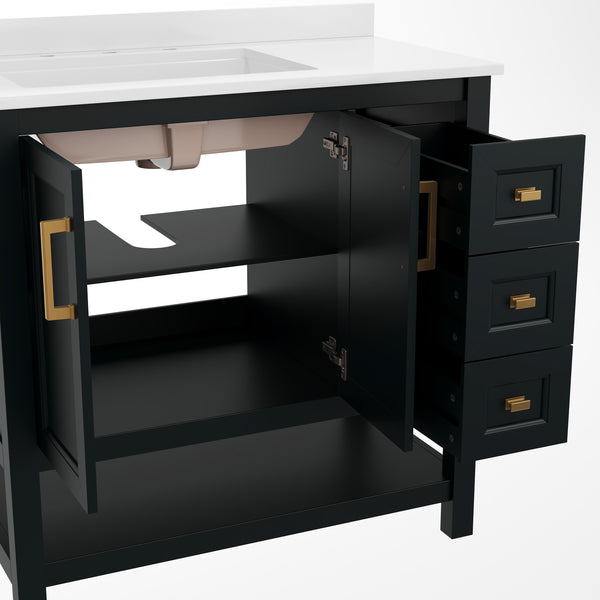 Black Frame/Gold Hardware,36" |#| 36 Inch Bathroom Vanity with Sink, Open Storage, and Storage Drawers in Blk/Gold