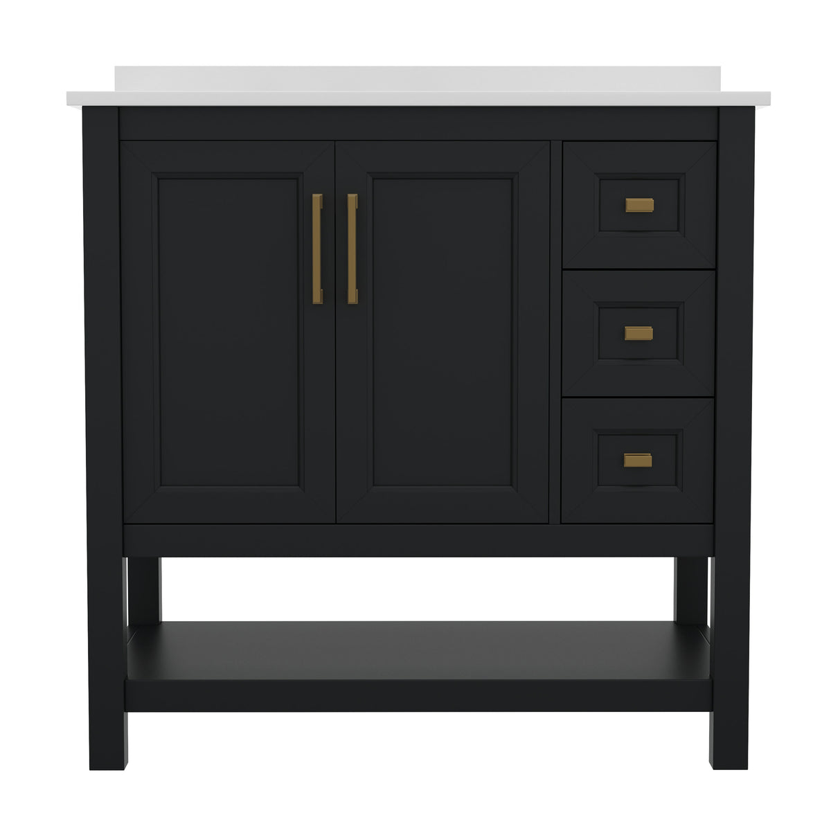 Black Frame/Gold Hardware,36" |#| 36 Inch Bathroom Vanity with Sink, Open Storage, and Storage Drawers in Blk/Gold