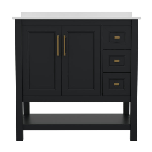 Black Frame/Gold Hardware,36" |#| 36 Inch Bathroom Vanity with Sink, Open Storage, and Storage Drawers in Blk/Gold