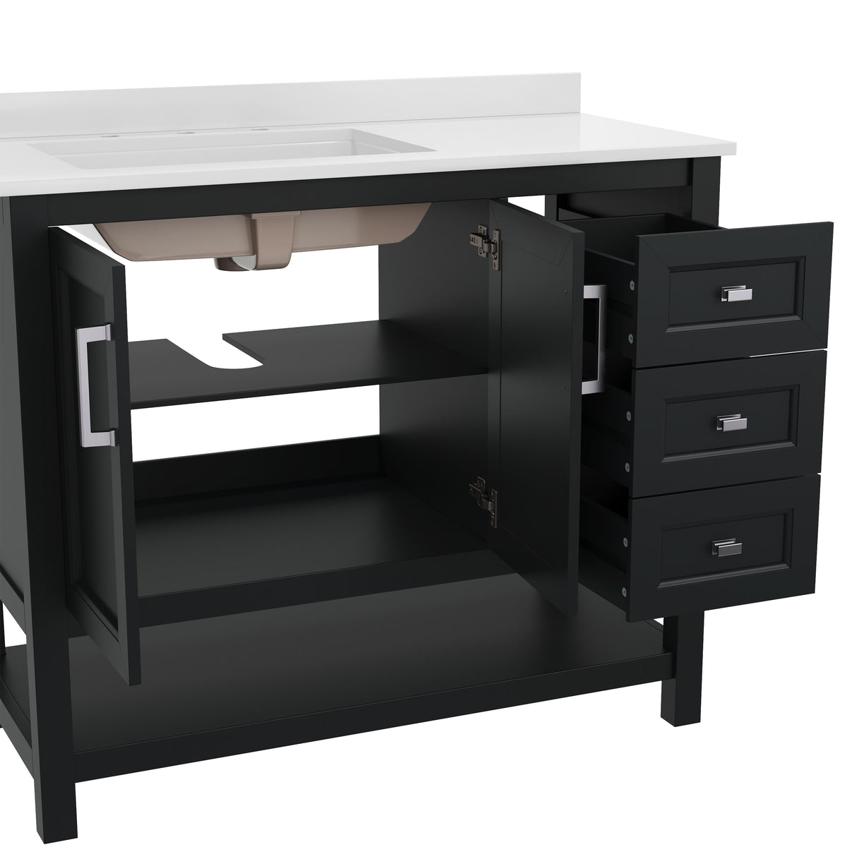 Black Frame/Nickel Hardware,42" |#| 42 Inch Bathroom Vanity with Sink, Open Storage, and Storage Drawers in Black
