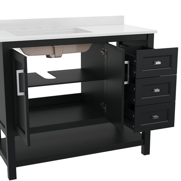 Black Frame/Nickel Hardware,42" |#| 42 Inch Bathroom Vanity with Sink, Open Storage, and Storage Drawers in Black