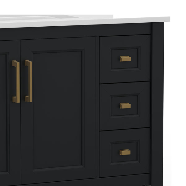 Black Frame/Gold Hardware,36" |#| 36 Inch Bathroom Vanity with Sink, Open Storage, and Storage Drawers in Blk/Gold