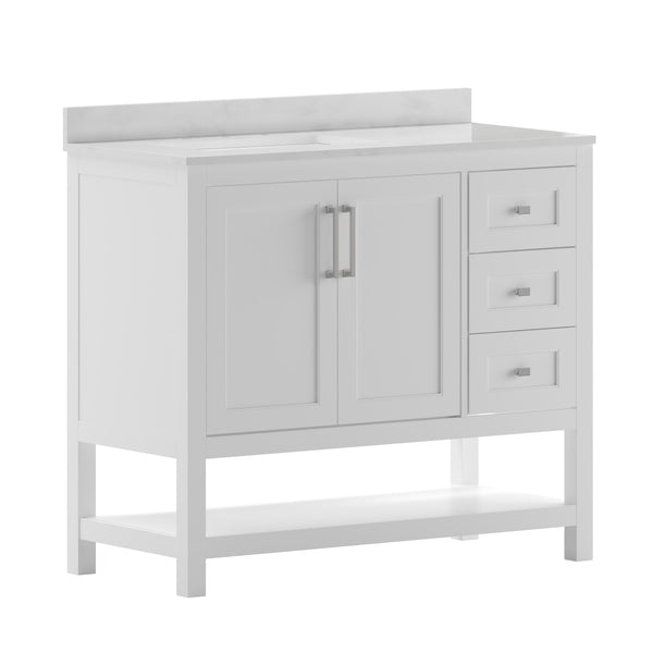 White,42" |#| 42 Inch Bathroom Vanity with Sink, Open Storage, and Storage Drawers in White