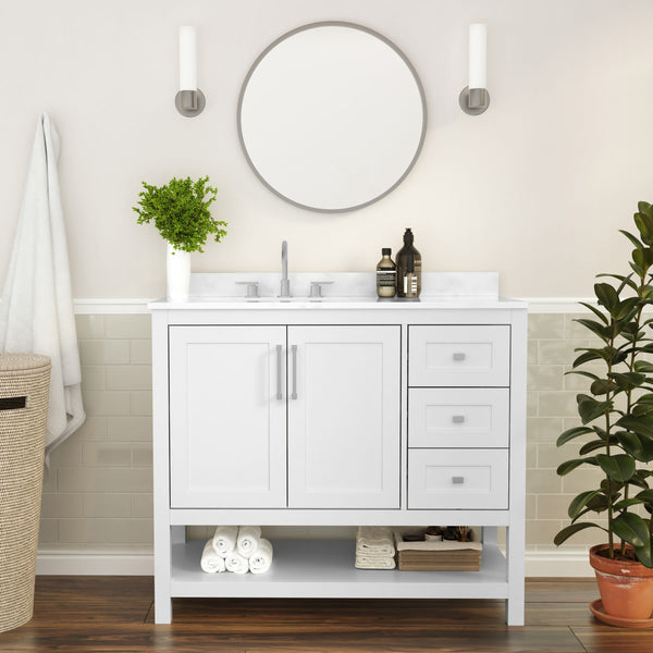 White,42" |#| 42 Inch Bathroom Vanity with Sink, Open Storage, and Storage Drawers in White