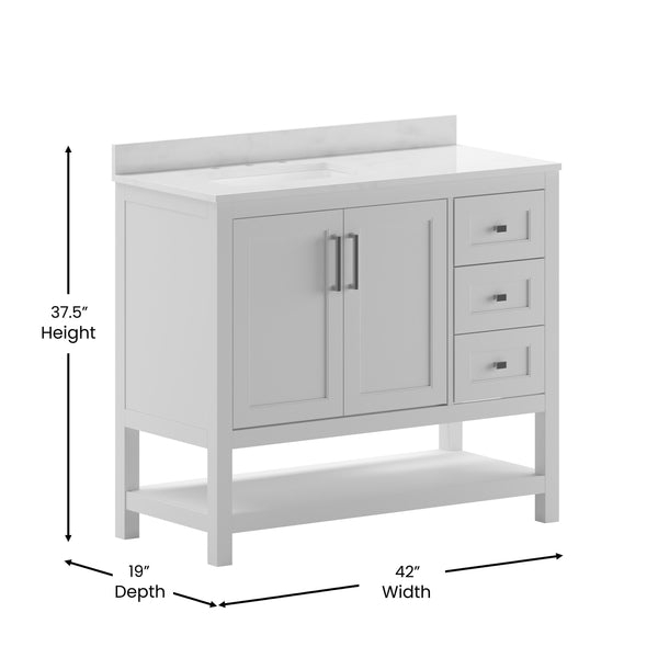 White,42" |#| 42 Inch Bathroom Vanity with Sink, Open Storage, and Storage Drawers in White