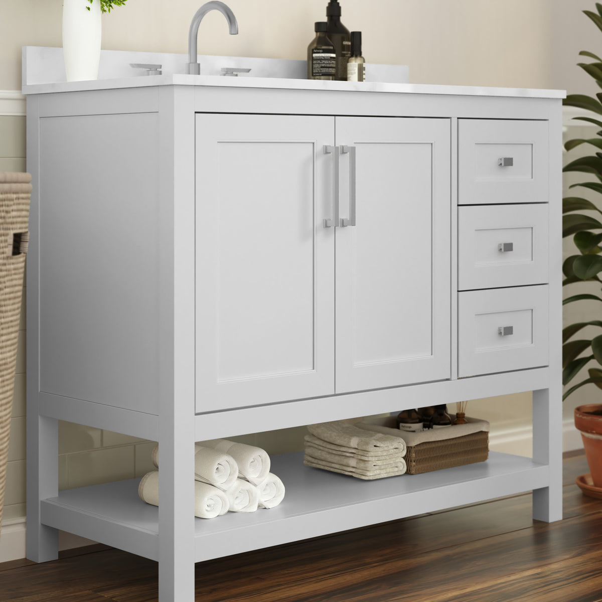 White,42" |#| 42 Inch Bathroom Vanity with Sink, Open Storage, and Storage Drawers in White