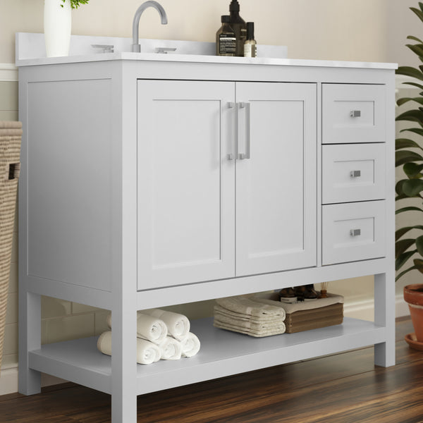 White,42" |#| 42 Inch Bathroom Vanity with Sink, Open Storage, and Storage Drawers in White