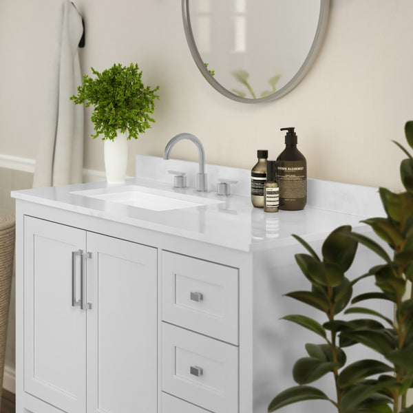 White,42" |#| 42 Inch Bathroom Vanity with Sink, Open Storage, and Storage Drawers in White