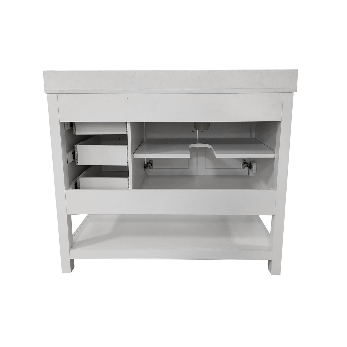 White,42" |#| 42 Inch Bathroom Vanity with Sink, Open Storage, and Storage Drawers in White