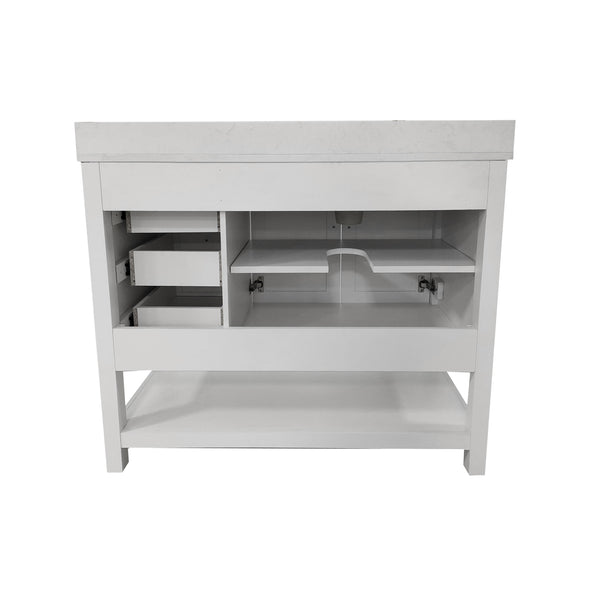 White,42" |#| 42 Inch Bathroom Vanity with Sink, Open Storage, and Storage Drawers in White