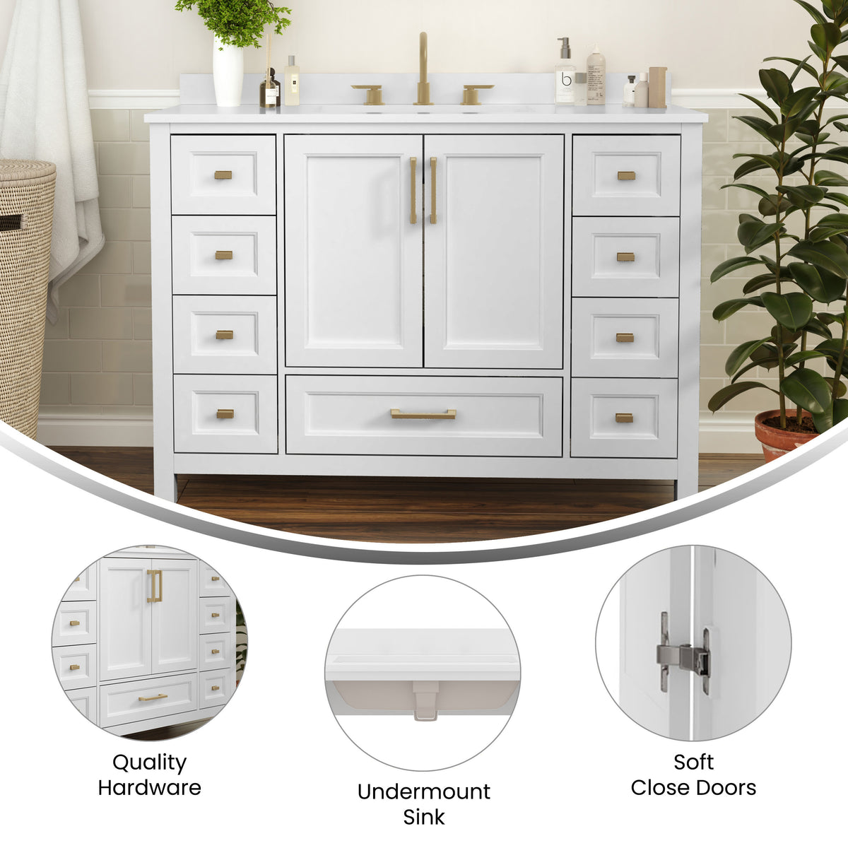White |#| 48 Inch Bathroom Vanity with Sink, Storage Cabinet, and 9 Drawers in White