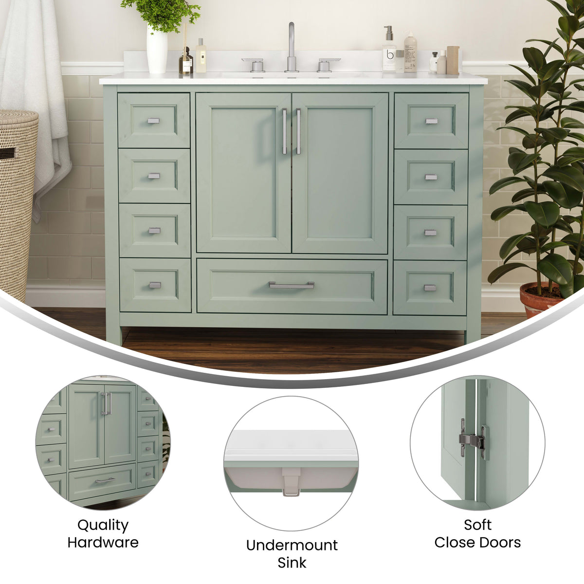 Gray |#| 48 Inch Bathroom Vanity with Sink, Storage Cabinet, and 9 Drawers in Gray