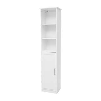 Vega Freestanding Narrow Bathroom Linen Tower Storage Cabinet Organizer with Door, In-Cabinet Adjustable Shelf, and Upper Open Shelves
