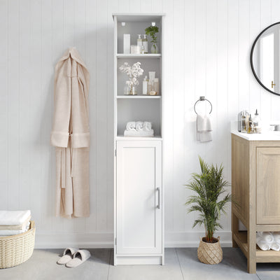 Vega Freestanding Narrow Bathroom Linen Tower Storage Cabinet Organizer with Door, In-Cabinet Adjustable Shelf, and Upper Open Shelves - View 2