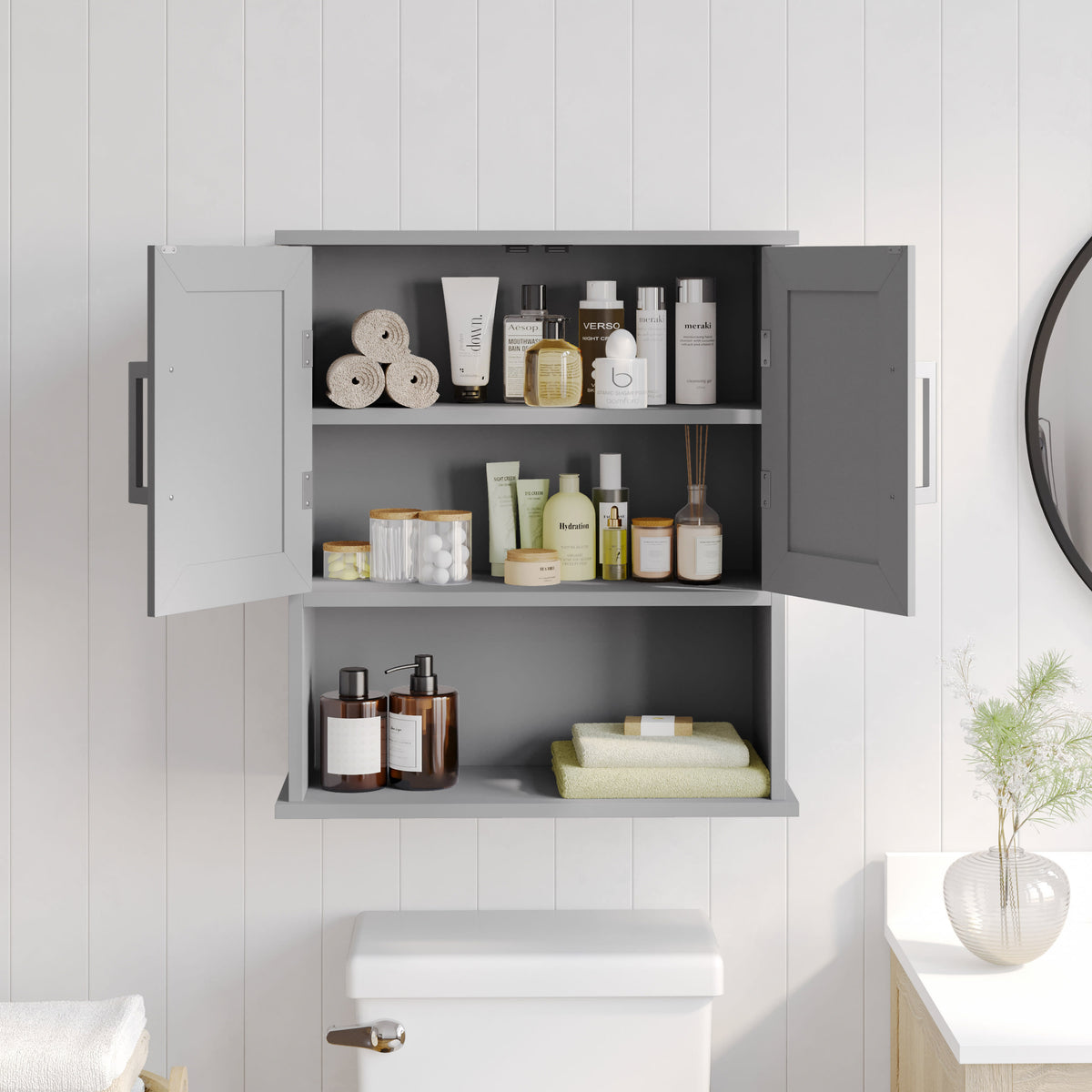Gray |#| Modern Bathroom Wall Mount Medicine Cabinet with Magnetic Close Doors in Gray