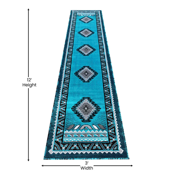 Turquoise,2' x 10' |#| Southwestern Style Patterned Area Rug in Turquoise, Gray, Black - 2' x 10'