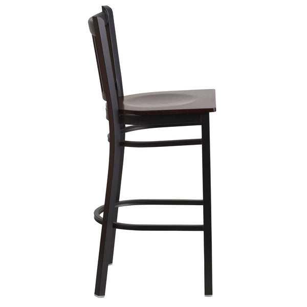 Walnut Wood Seat/Black Metal Frame |#| Black Vertical Back Metal Restaurant Barstool - Walnut Wood Seat