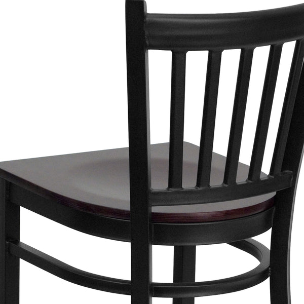 Mahogany Wood Seat/Black Metal Frame |#| Black Vertical Back Metal Restaurant Barstool - Mahogany Wood Seat