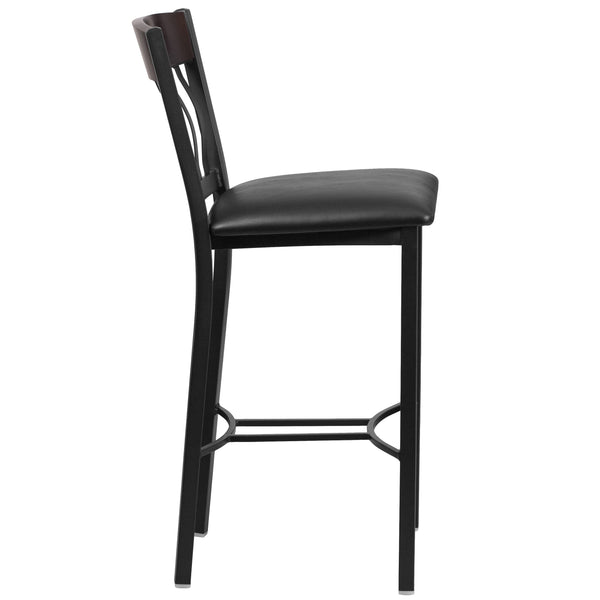Walnut |#| Vertical Back Black Metal &Walnut Wood Restaurant Barstool w/Black Vinyl Seat