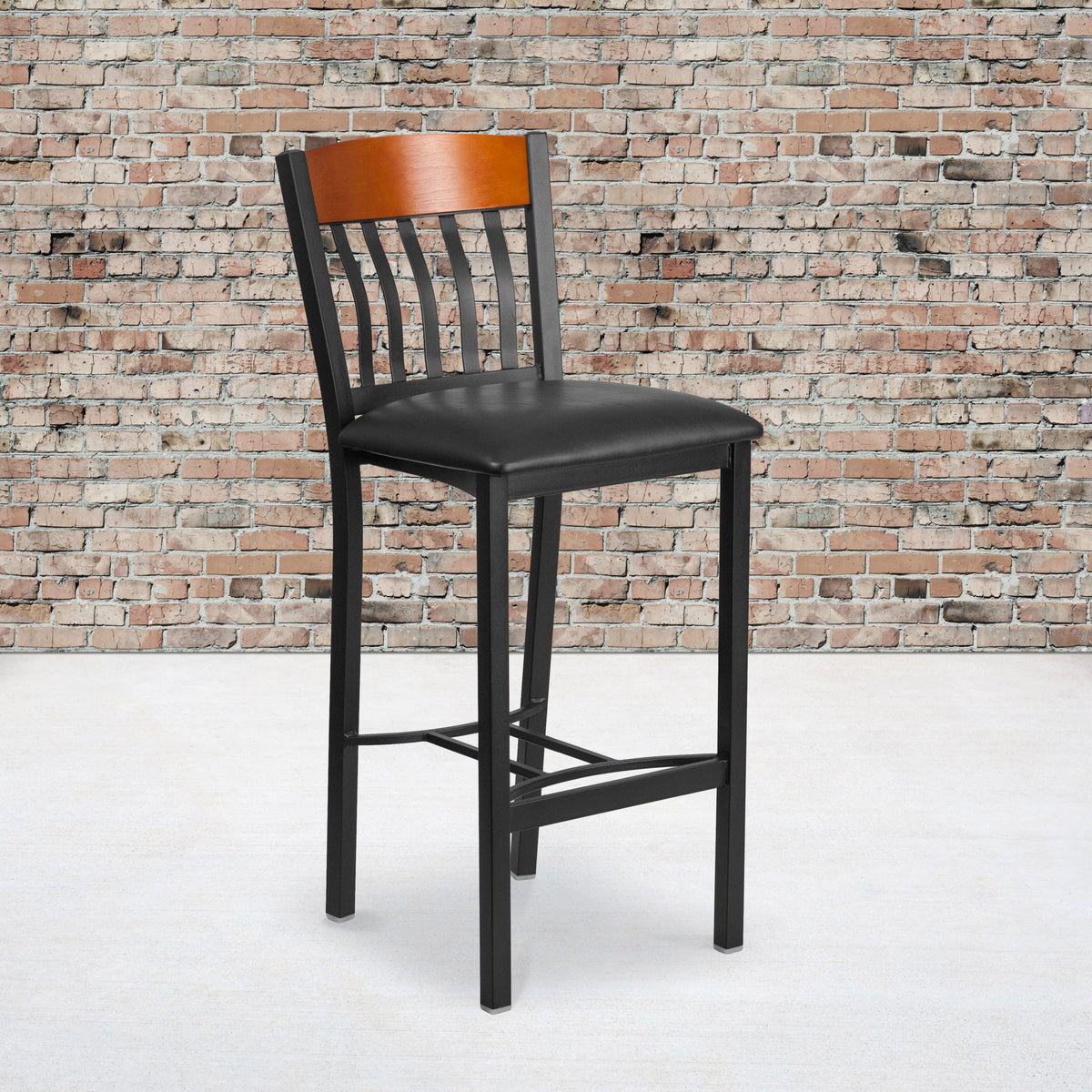 Cherry |#| Vertical Back Black Metal & Cherry Wood Restaurant Barstool w/ Black Vinyl Seat