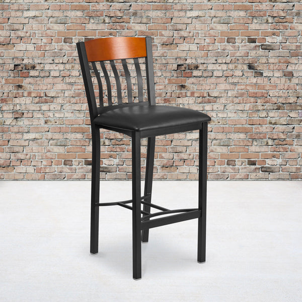 Cherry |#| Vertical Back Black Metal & Cherry Wood Restaurant Barstool w/ Black Vinyl Seat