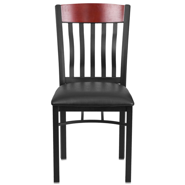 Cherry |#| Vertical Back Black Metal & Cherry Wood Restaurant Chair w/ Black Vinyl Seat