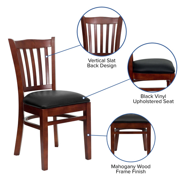 Black Vinyl Seat/Mahogany Wood Frame |#| Vertical Slat Back Mahogany Wood Restaurant Chair - Black Vinyl Seat