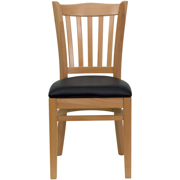 Black Vinyl Seat/Natural Wood Frame |#| Vertical Slat Back Natural Wood Restaurant Chair - Black Vinyl Seat