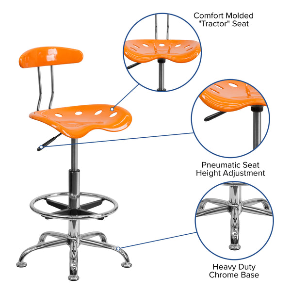 Orange |#| Vibrant Orange and Chrome Drafting Stool with Tractor Seat