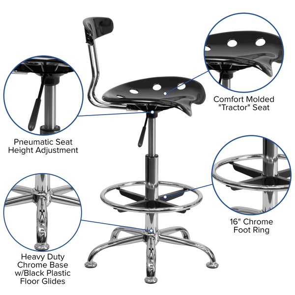 Black |#| Vibrant Black and Chrome Drafting Stool with Tractor Seat